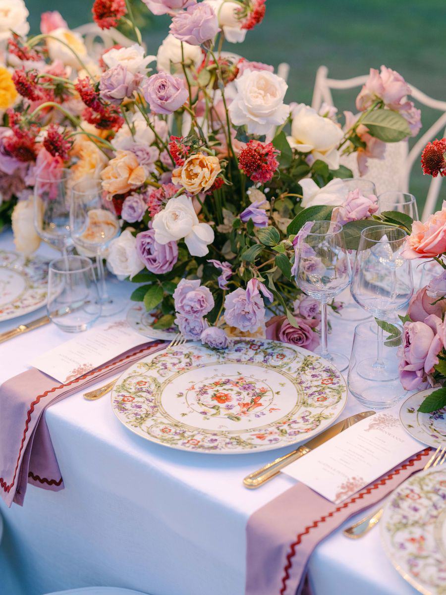 Embroidered-trim napkin on a pink floral place setting