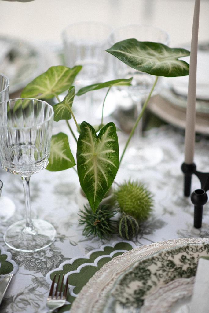 Toile tablecloth with green centrepieces